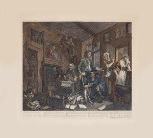 Een losbols vooruitgang, Plaat 1: De jonge erfgenaam neemt bezit van de bezittingen van de vrek, ca 1735