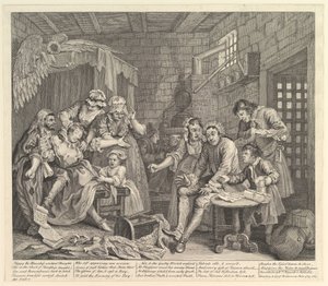Een Rakes Vooruitgang, Plaat 7, 25 juni 1735 door William Hogarth