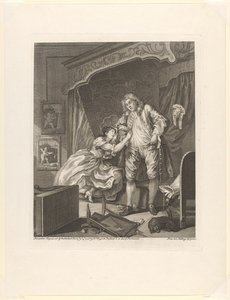 Vrouw hangt aan de arm van een man in een slaapkamer (serie titel)