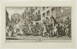 Burning the Rumps at Temple Bar, plaat elf van Hudibras door William Hogarth