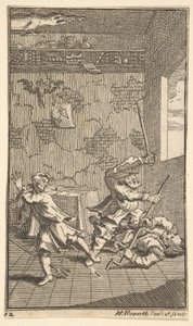 Hudibras slaat Sidrophel en Whachum Zeventien kleine illustraties voor Samuel Butler door William Hogarth
