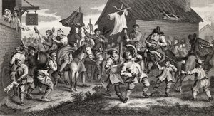 Hudibras ontmoet de Skimmington, gegraveerd door T.E. Nicholson, uit 