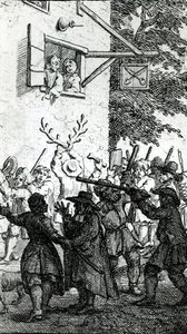 Hullabaloo tegen een kleermaker door William Hogarth