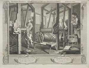 Industrie en luiheid: De mede-leerlingen aan hun weefgetouwen door William Hogarth