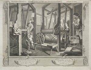 Industrie en luiheid: De mede-leerlingen aan hun weefgetouwen door William Hogarth