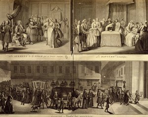 Oordeel van jonge zwangere vrouw, doop en begrafenis door William Hogarth