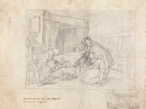 Operatiescène in een ziekenhuis met aanvullende schetsen in de marge rechtsonder door William Hogarth
