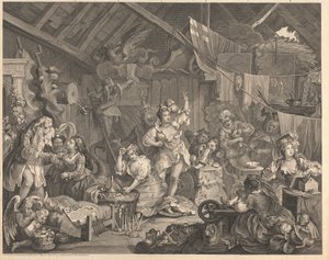 Rondtrekkende actrices verkleden zich in een schuur door William Hogarth