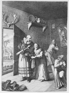 De Pastoor en Kapper vermommen zich om Don Quichot naar huis te brengen door William Hogarth