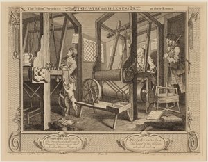 De gezellen aan hun weefgetouwen