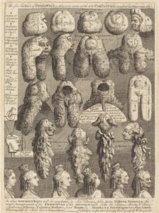 De Vijf Ordes van Pruiken zoals ze werden gedragen bij de Laatste Kroning, Architectonisch Gemeten door William Hogarth