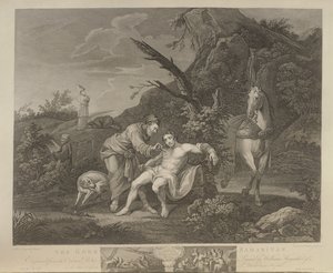 De Barmhartige Samaritaan, gegraveerd door J.M. Delatre en Simon Francis Ravenet, uitgegeven door John Boydell (1719-1804) 1772
