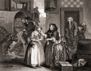 De vooruitgang van de hoer gevangen door een koppelaarster, uit De werken van Hogarth gepubliceerd Londen 1833 (gravure) door William Hogarth