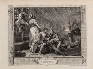De luie leerling verraden door zijn hoer en meegenomen in een nachtkelder met zijn medeplichtige, 1747