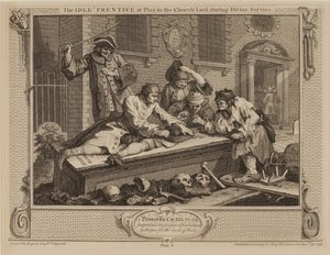De luie leerling aan het spelen op het kerkhof tijdens de kerkdienst door William Hogarth