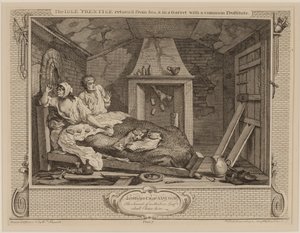 De luie leerling teruggekeerd van zee en in een zolderkamer met een gewone prostituee, uit de serie Industrie en luiheid, oktober 1747 door William Hogarth