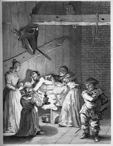 De Herbergierster en haar dochter zorgen voor de Don na te zijn geslagen en gekneusd door William Hogarth
