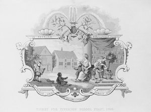 Ticket voor het Tiverton Schoolfeest, 1740, gegraveerd door J. Moore