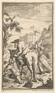 Trulla valt Hudibras aan, zeventien kleine illustraties voor Samuel Butlers Hudibras..., 1721-26 door William Hogarth