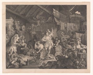 Verklede actrices en kinderen in een schuur door William Hogarth