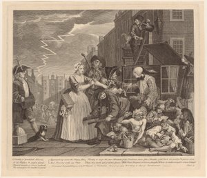 Gearresteerd wegens schulden, plaat 4 uit de reeks "Het leven van een losbol" door William Hogarth