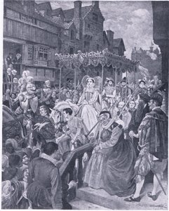 De staatsintrede van koningin Mary in Edinburgh 1561, uit Cassells History of the British People uitgegeven door de Waverley Book Company, ca. 1950 (litho) door William Hole