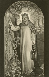 Het Licht van de Wereld, schilderij in Keble College, Oxford, Oxfordshire, met Christus die een lantaarn draagt en op een deur klopt (zw/w foto)
