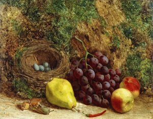 Druiven, een peer, perziken en een vogelnest bij een mosrijke oever door William Hughes
