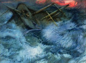 Gestrand schip met zeeslang en tijgers