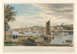 Troy. Gezien vanaf de westelijke oever van de Hudson, voor het arsenaal van de Verenigde Staten. door William James Bennett