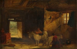 Een Welsh interieur met meisje dat een geit melkt door William James Muller