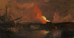 Bristol-rellen: De brand van de tolhuizen op Prince Street Bridge met St Mary Redcliffe, c.1831