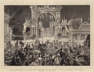 De verlichting in Calcutta tijdens het bezoek van de Prins van Wales, de menigte in de straten