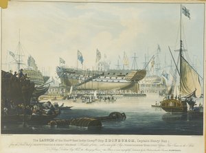 De tewaterlating van het schip 
