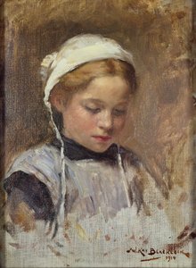 Jong meisje in een blauwe schort, 1914 door William Kay Blacklock