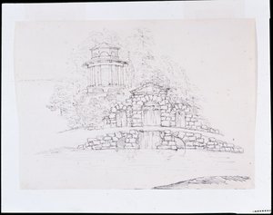 Chiswick, ontwerp voor een rotsachtige waterval met een achthoekige Dorische tempel op het terras erachter
