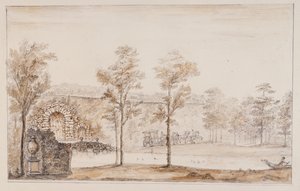 Chiswick, ontwerp voor een rustieke waterval en brug tegen het terras door William Kent