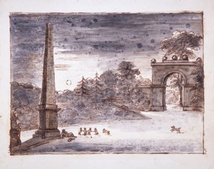 Chiswick, de Burlington Lane Gate en de Obelisk in het maanlicht met Kent zittend bij de Obelisk dromend, en met konijnen die spelen, ca. 1732