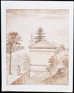 Chiswick, uitzicht op de zijkant van het Hert Huis genomen vanaf de binnenste oever van de ha-ha van het hertenverblijf en met een glimp van de Dorische Kolom (pen & was op papier)