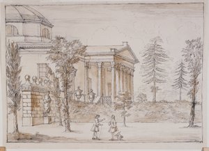 Chiswick, uitzicht op de villa vanaf de kant van het standbeeld van Palladio door William Kent