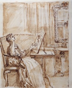 Lady Burlington zittend in haar tuinzaal bewondert een oude meester (?) tekening door William Kent