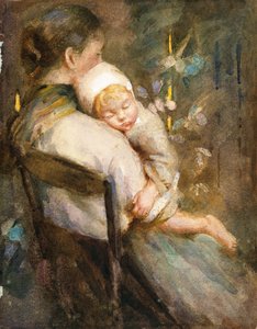 Jonge Moeder met Slapend Kind op haar Schoot (aquarel op papier) door William Lee Hankey