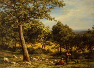 Een herder en zijn kudde in een zonovergoten boslandschap door William Linnell