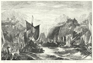 Inscheping van de Grieken voor de Trojaanse oorlog (gravure)