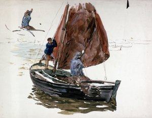 Een man en een jongen aan boord van een kleine zeilboot door William Lionel Wyllie