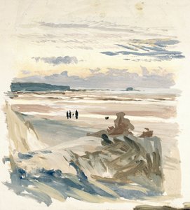 Personages op het strand, waarschijnlijk in Amble (Frankrijk), met de silhouet van Fort Vauban in het schemerlicht door William Lionel Wyllie