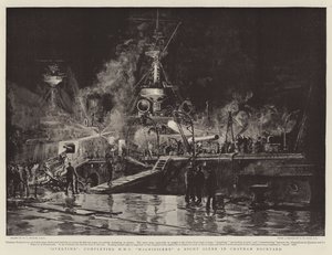 Overwerk, voltooiing van HMS Magnificent, een Nacht Scène in Chatham Dockyard door William Lionel Wyllie