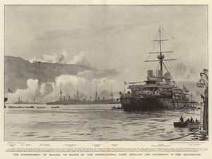 Het Bombardement van Malaxa op 23 maart, de Internationale Vloot beschiet de Opstandelingen in het Blokhuis door William Lionel Wyllie