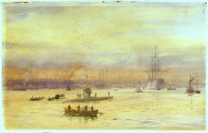 Deze aanblik kijkt omhoog de haven aan de Gosport-kant waar een onderzeeër binnenkomt, met een andere ervoor. door William Lionel Wyllie