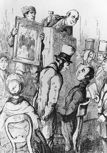 Olifant te koop, illustratie voor het 17e hoofdstuk van Vanity Fair, roman door William Makepeace Thackeray (1811-1863), gravure naar tekening door William Makepeace Thackeray (1811-1863), gepubliceerd in Chicago in 1882 door William Makepeace Thackeray